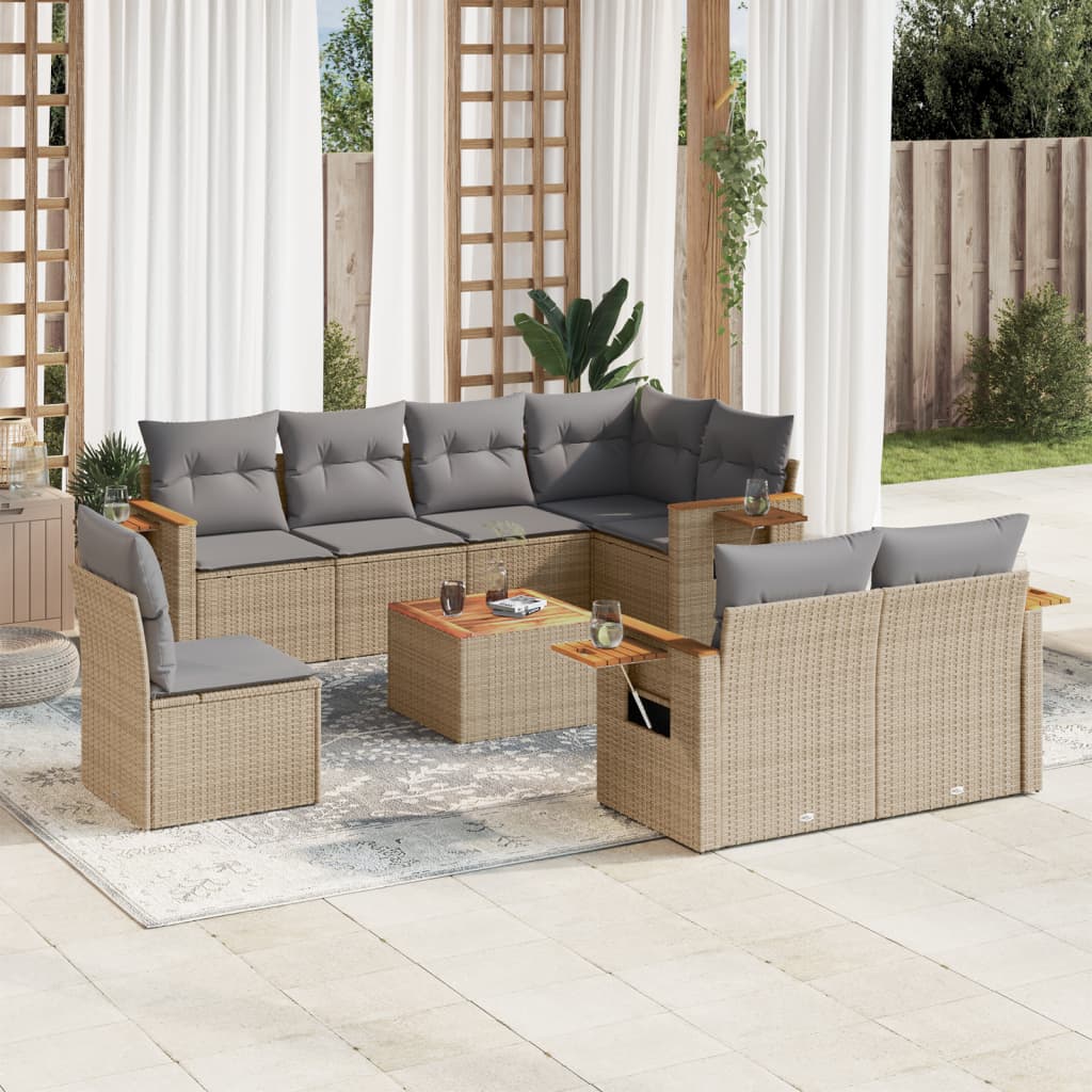 9-delige Loungeset met kussens poly rattan beige – afbeelding 1