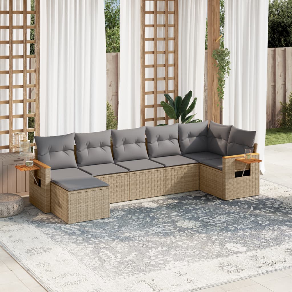7-delige Loungeset met kussens poly rattan beige – afbeelding 1
