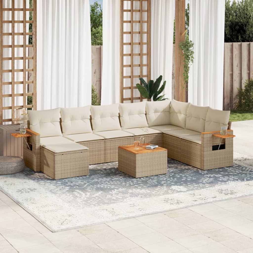 9-delige Loungeset met kussens poly rattan beige – afbeelding 1
