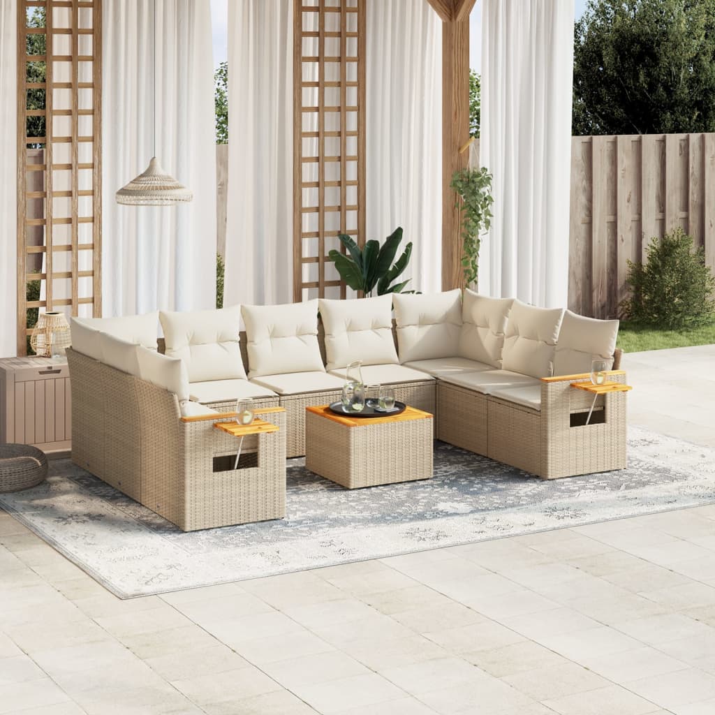 10-delige Loungeset met kussens poly rattan beige – afbeelding 1