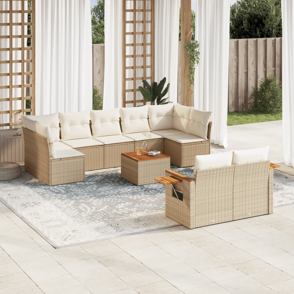 10-delige Loungeset met kussens poly rattan beige – afbeelding 1