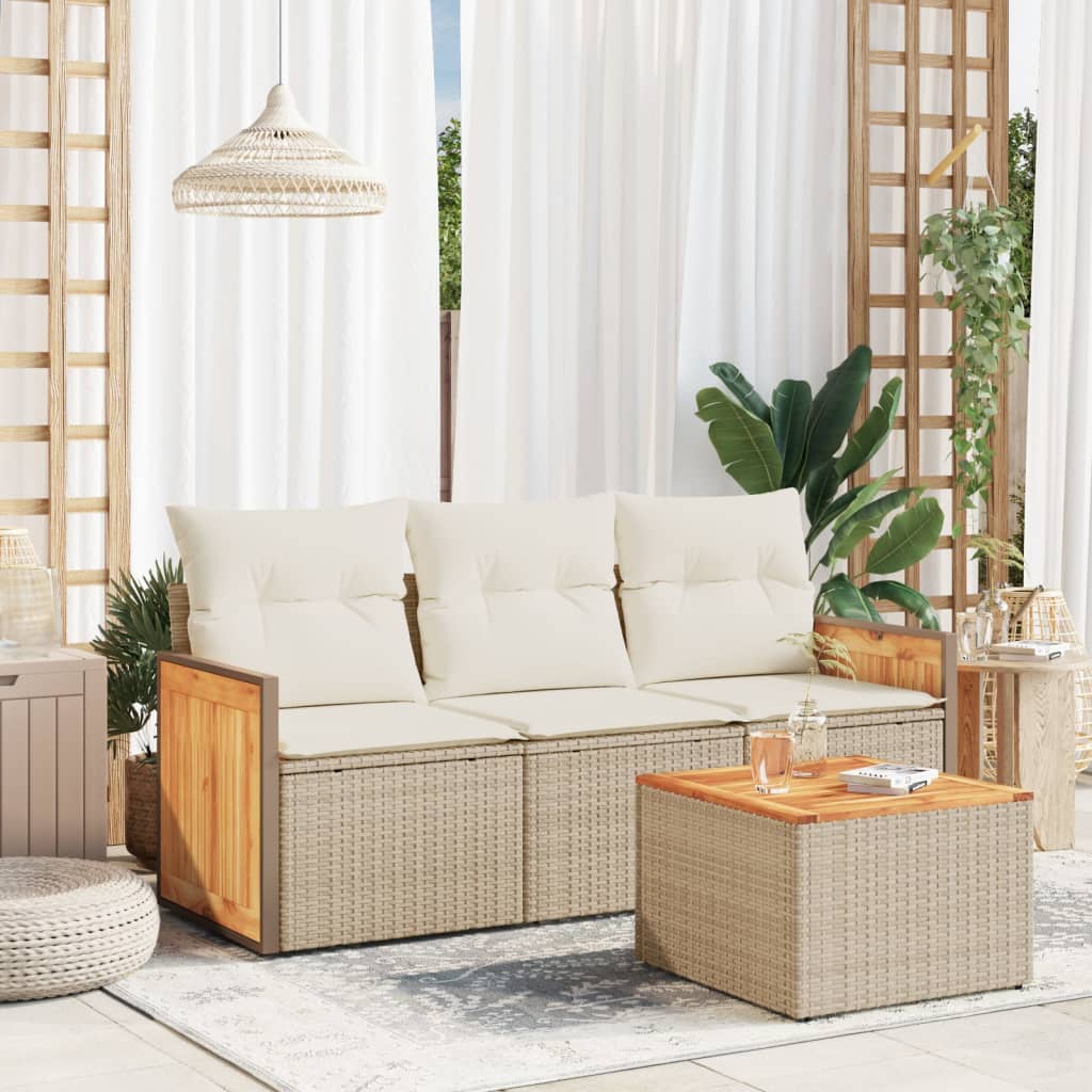 4-delige Loungeset met kussens poly rattan beige – afbeelding 1