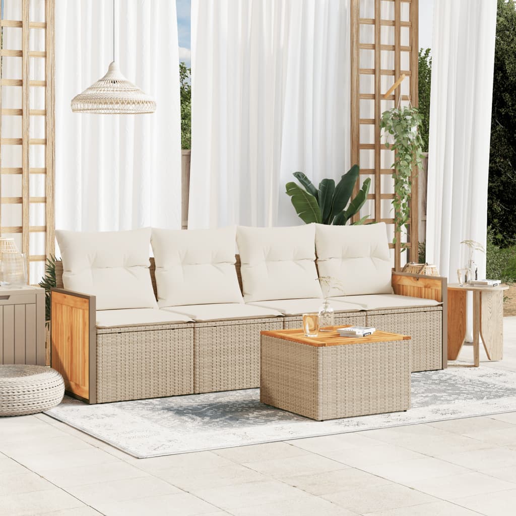 5-delige Loungeset met kussens poly rattan beige – afbeelding 1
