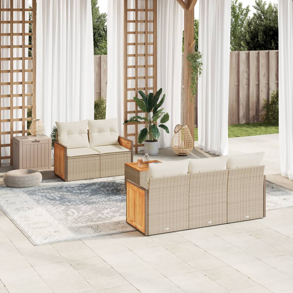 6-delige Loungeset met kussens poly rattan beige – afbeelding 1