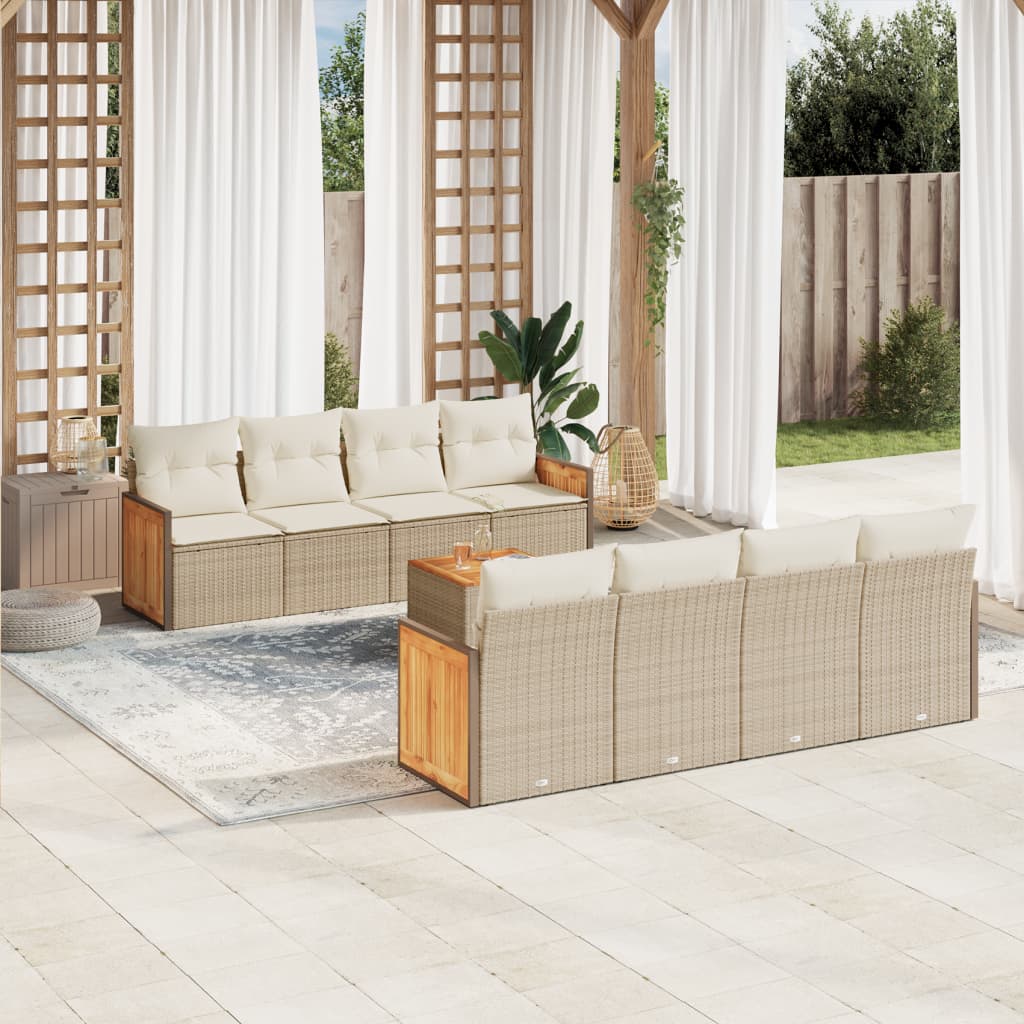9-delige Loungeset met kussens poly rattan beige – afbeelding 1
