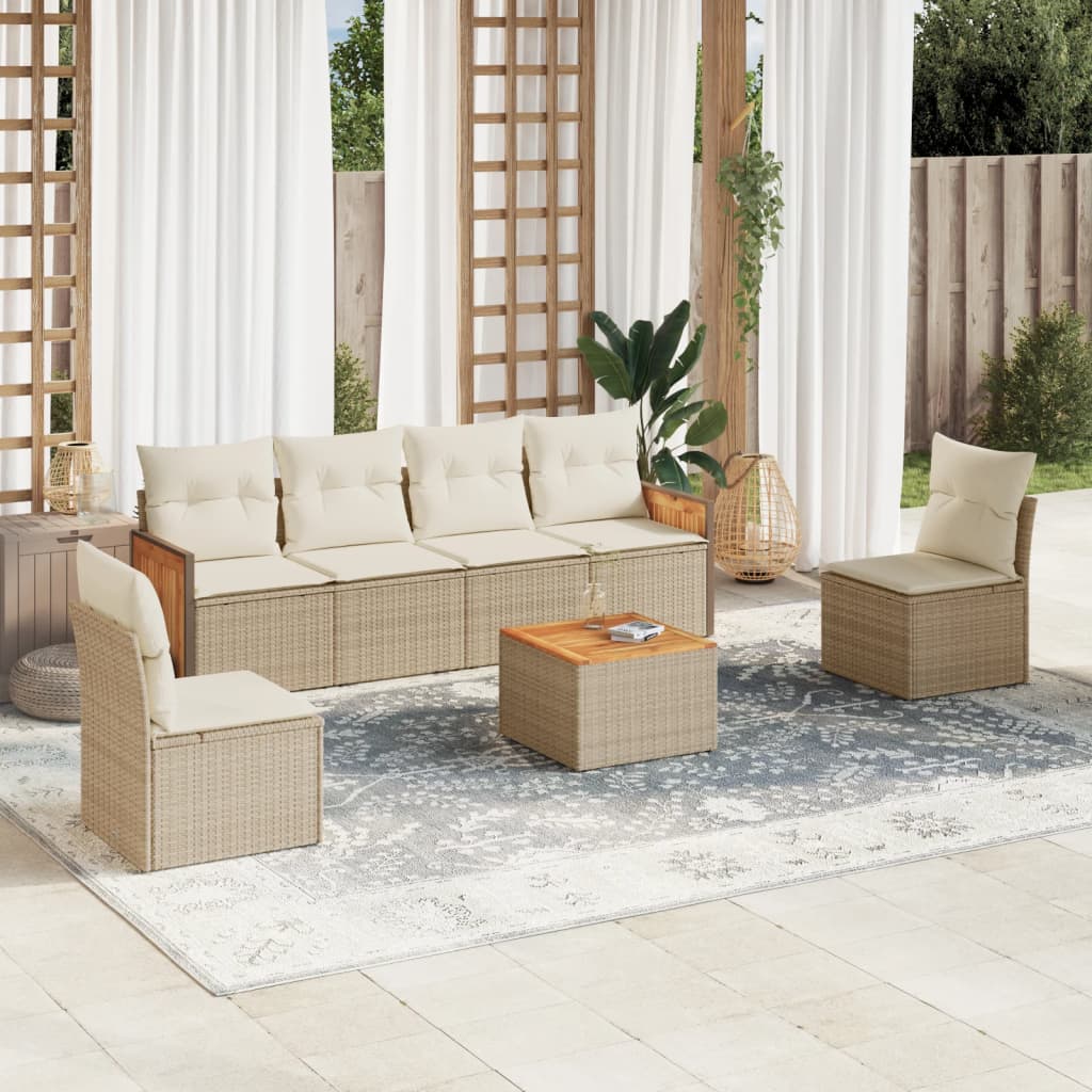 7-delige Loungeset met kussens poly rattan beige – afbeelding 1