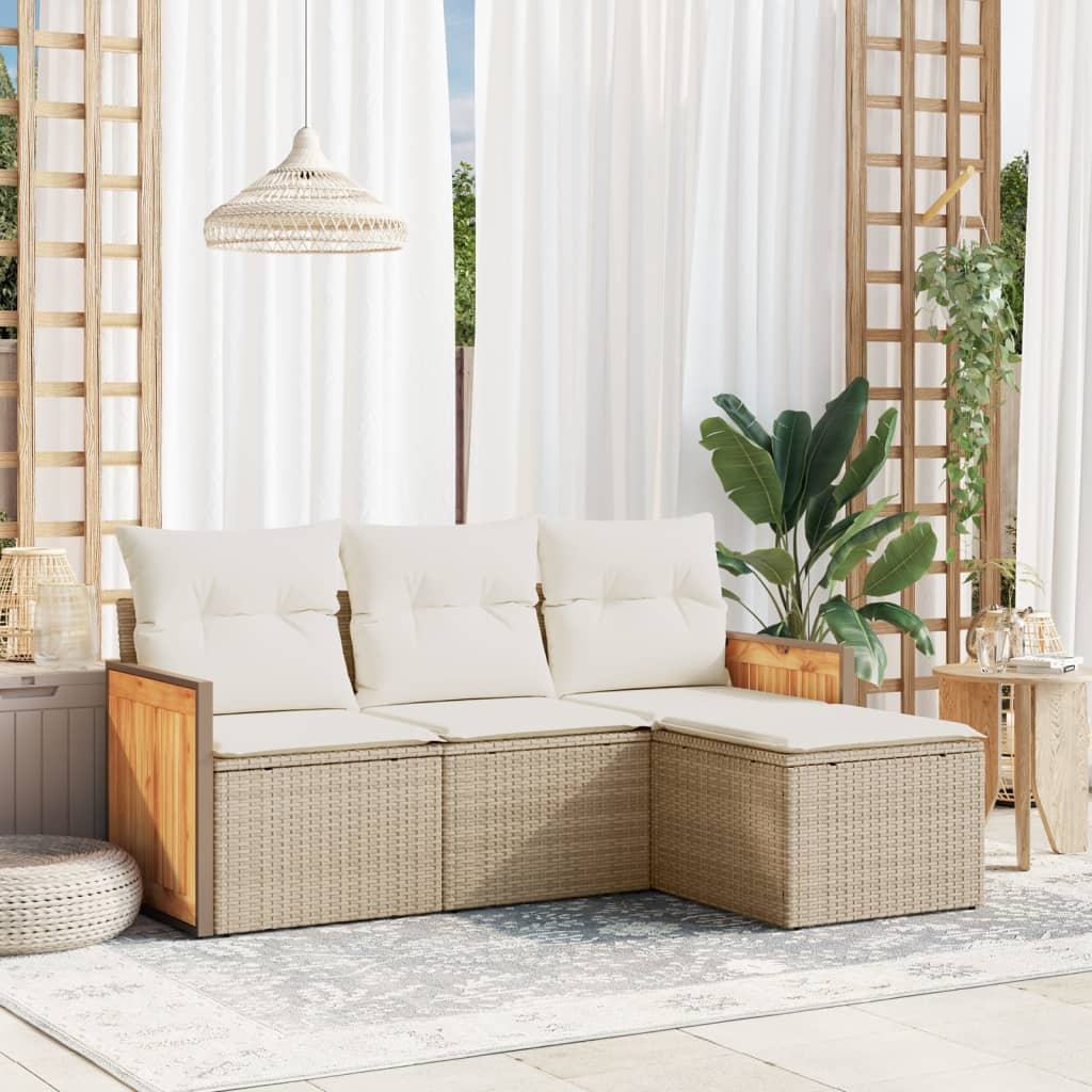 4-delige Loungeset met kussens poly rattan beige – afbeelding 1