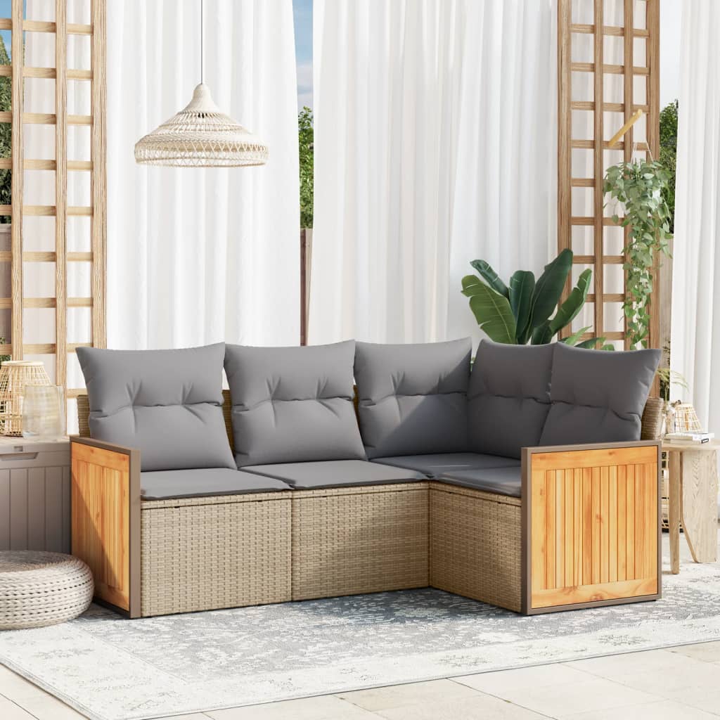 4-delige Loungeset met kussens poly rattan beige – afbeelding 1