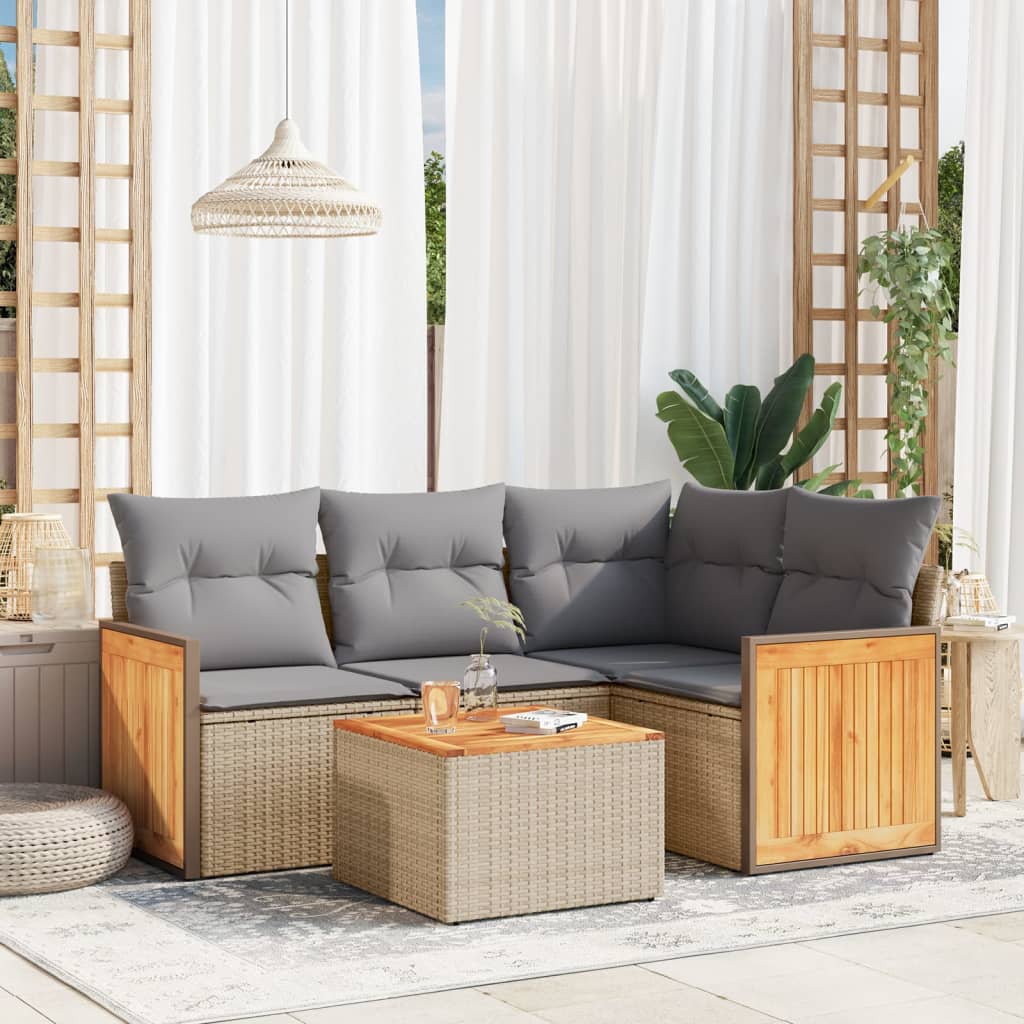5-delige Loungeset met kussens poly rattan beige – afbeelding 1