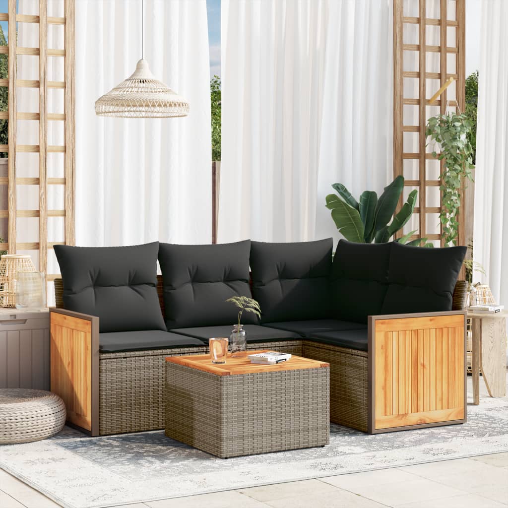 5-delige Loungeset met kussens poly rattan grijs