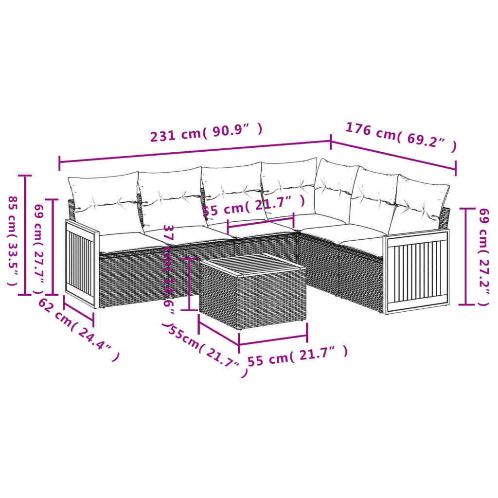 7-delige Loungeset met kussens poly rattan beige – afbeelding 3