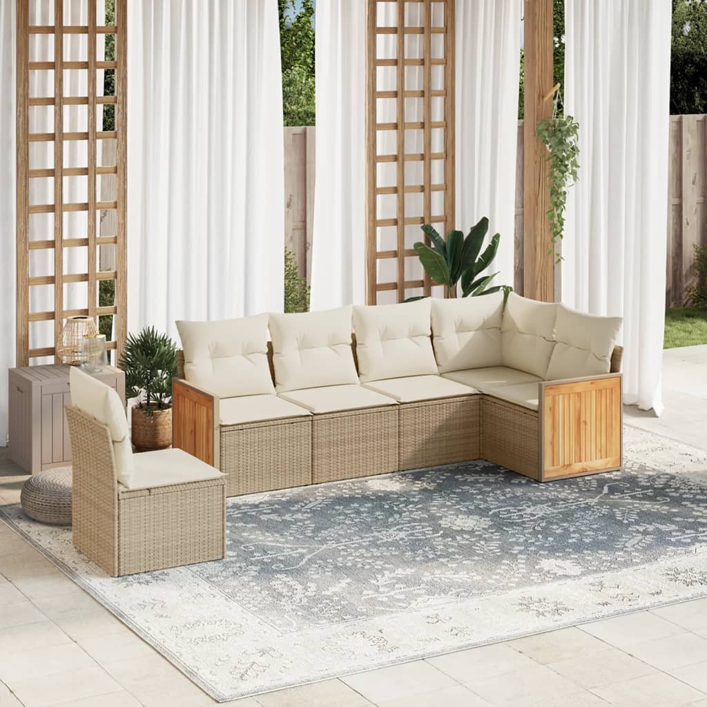 6-delige Loungeset met kussens poly rattan beige – afbeelding 1