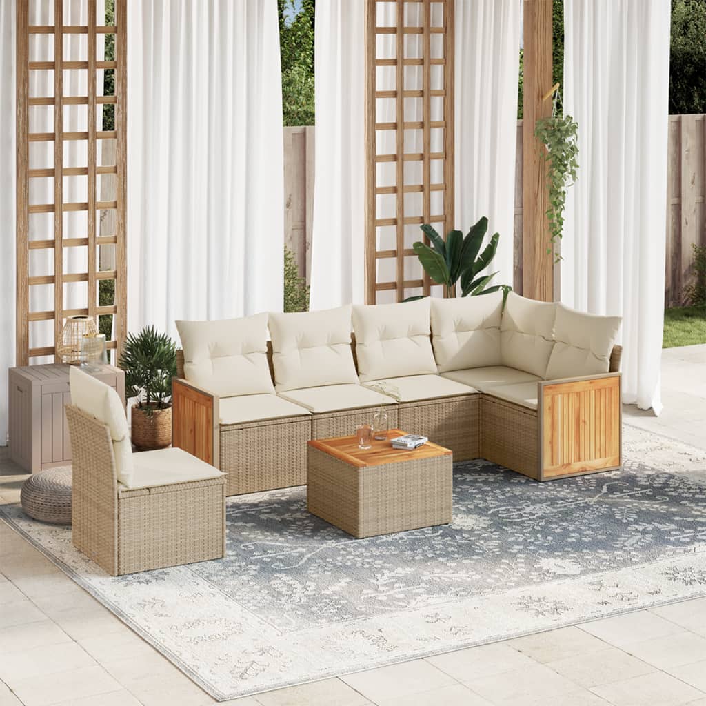 7-delige Loungeset met kussens poly rattan beige – afbeelding 1