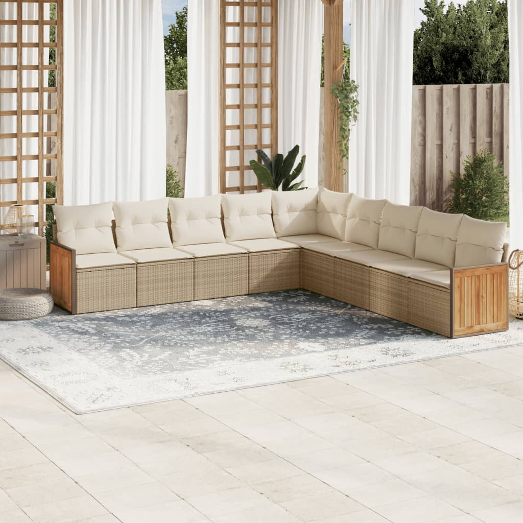 9-delige Loungeset met kussens poly rattan beige – afbeelding 1