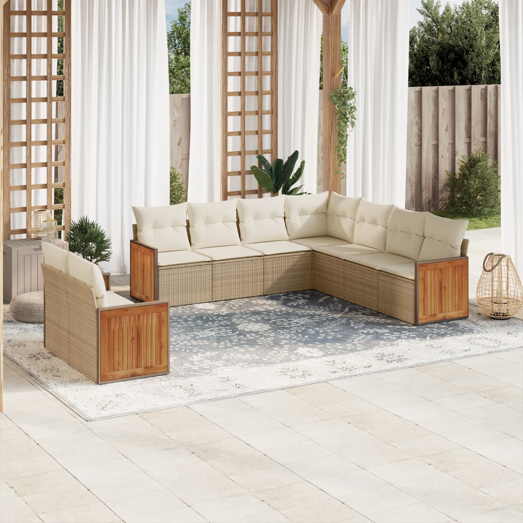 9-delige Loungeset met kussens poly rattan beige – afbeelding 1