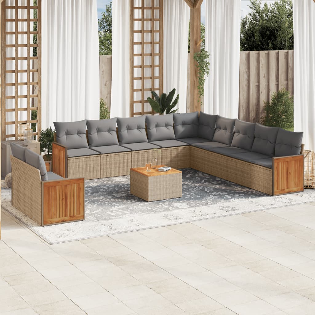 12-delige Loungeset met kussens poly rattan beige – afbeelding 1