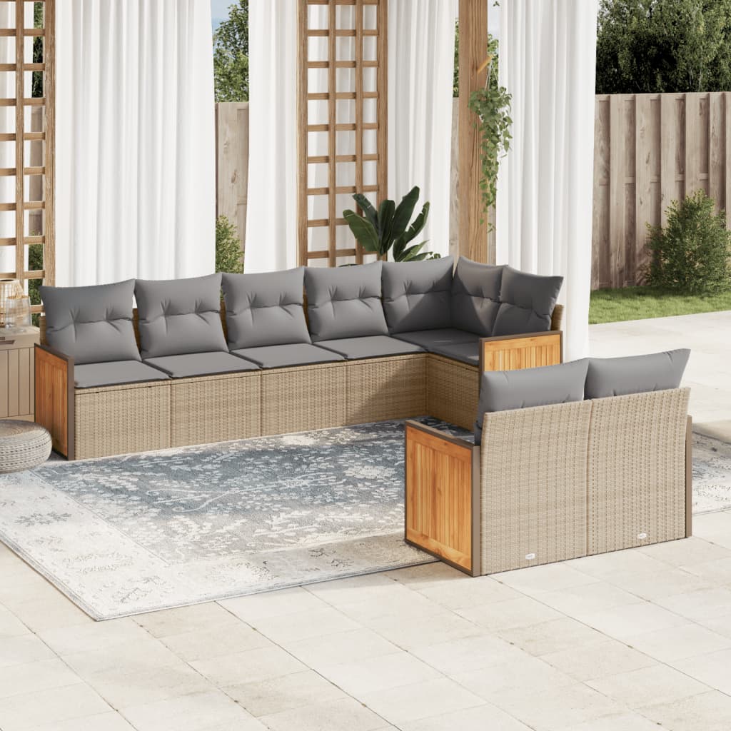 8-delige Loungeset met kussens poly rattan beige – afbeelding 1