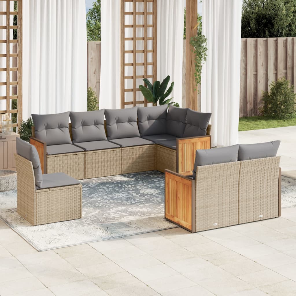 8-delige Loungeset met kussens poly rattan beige – afbeelding 1