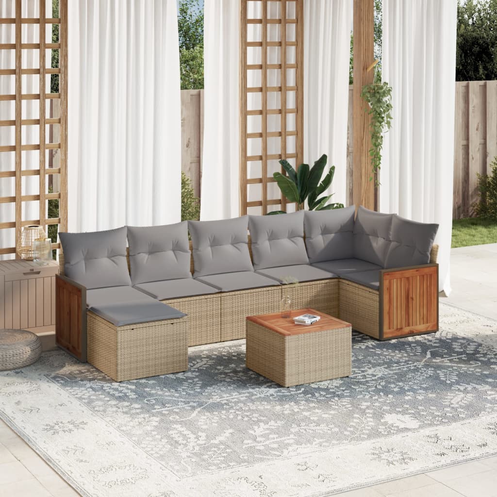 8-delige Loungeset met kussens poly rattan beige – afbeelding 1