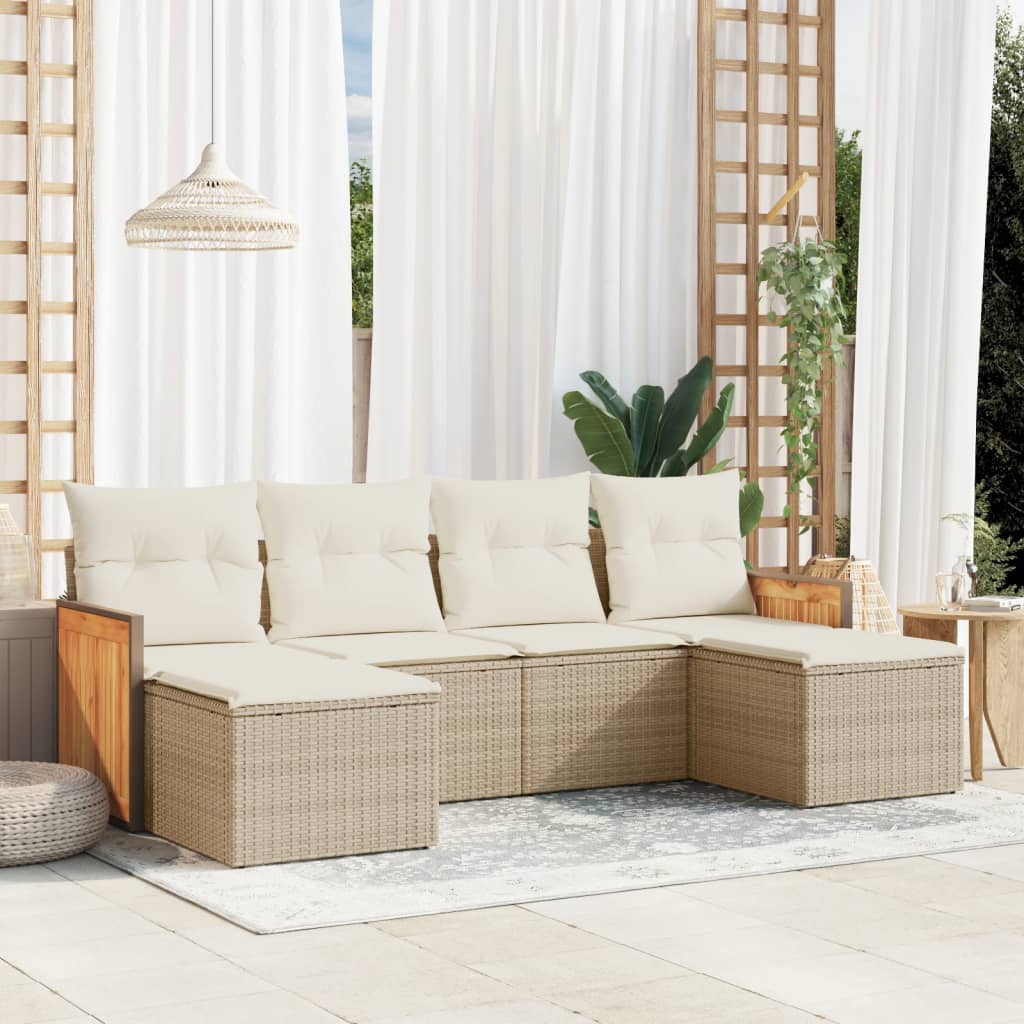 6-delige Loungeset met kussens poly rattan beige – afbeelding 1