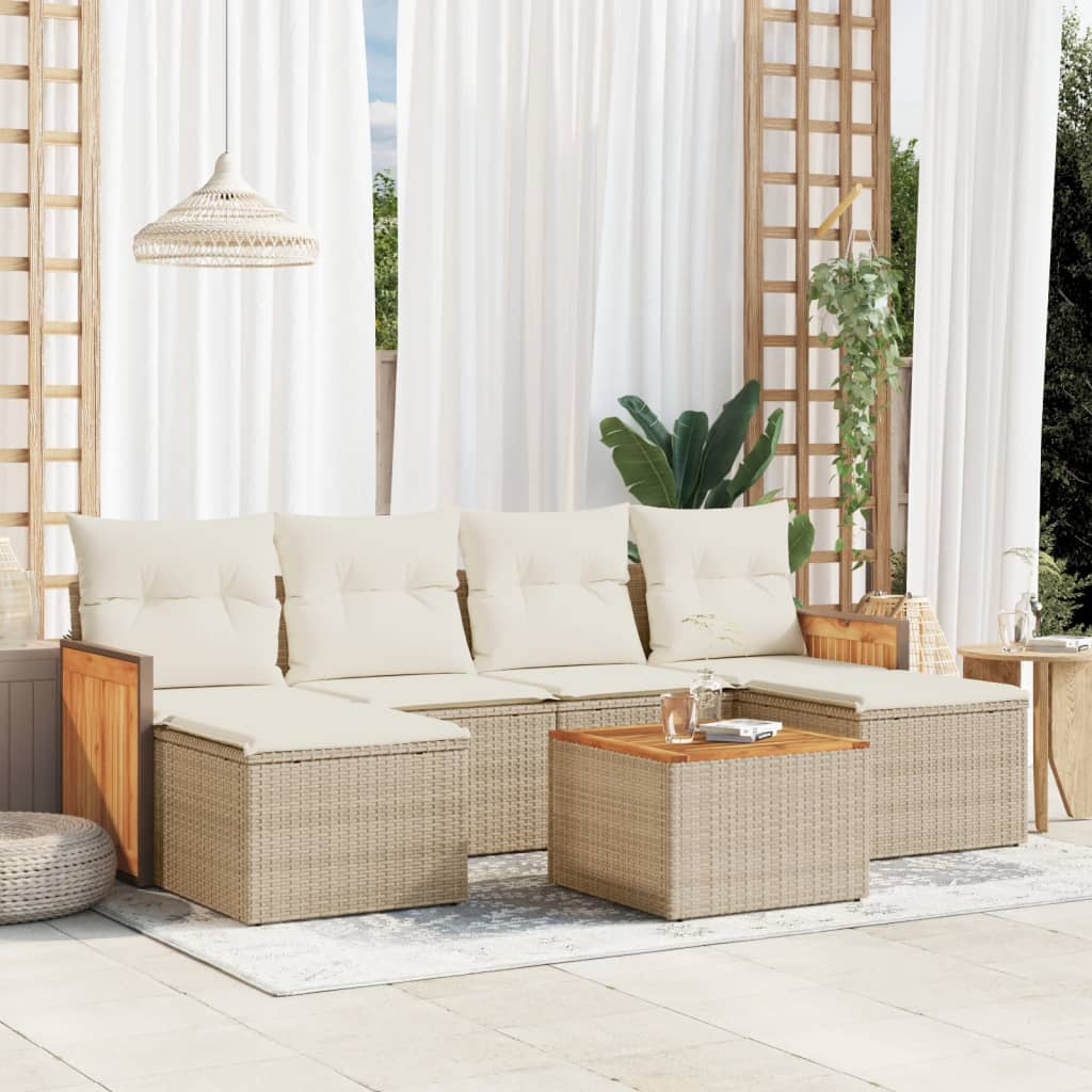 7-delige Loungeset met kussens poly rattan beige – afbeelding 1