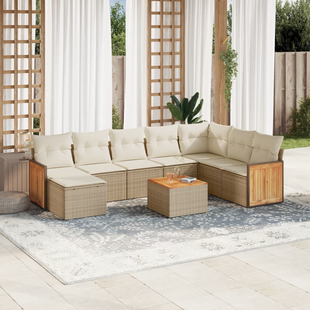 9-delige Loungeset met kussens poly rattan beige – afbeelding 1