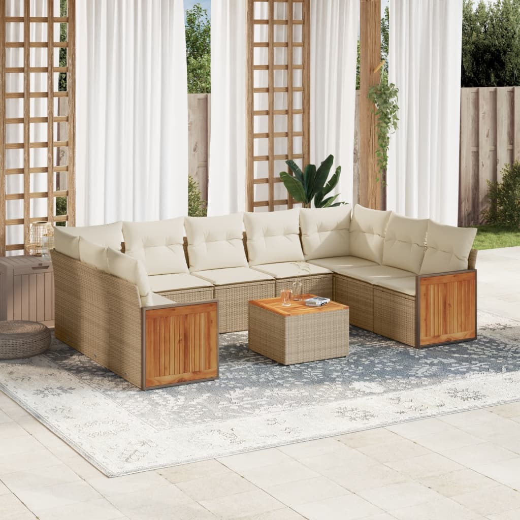 10-delige Loungeset met kussens poly rattan beige – afbeelding 1