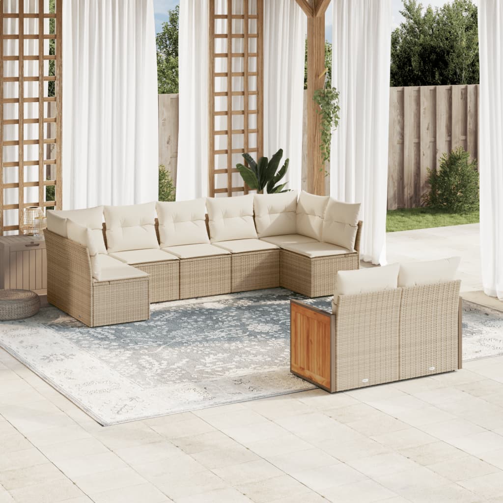 9-delige Loungeset met kussens poly rattan beige – afbeelding 1