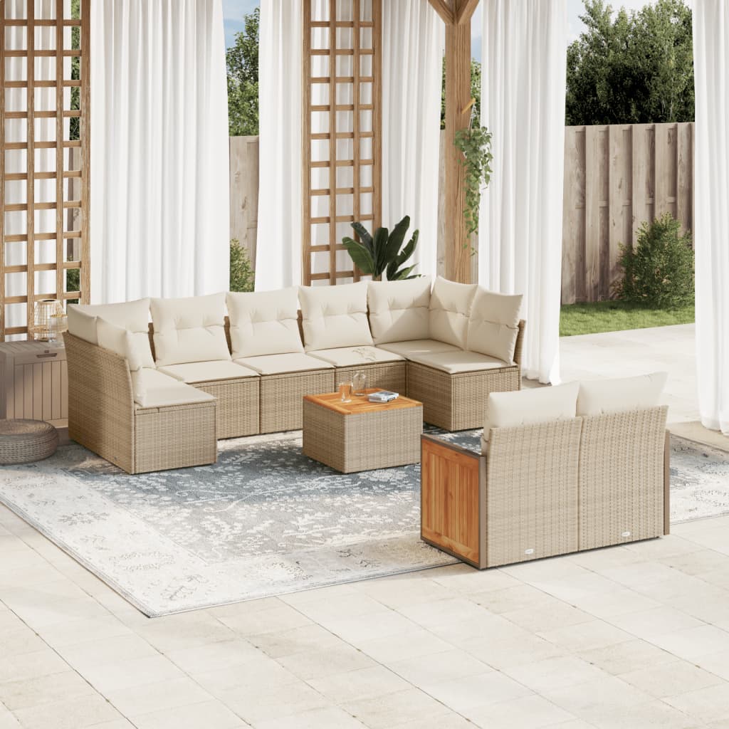 10-delige Loungeset met kussens poly rattan beige – afbeelding 1