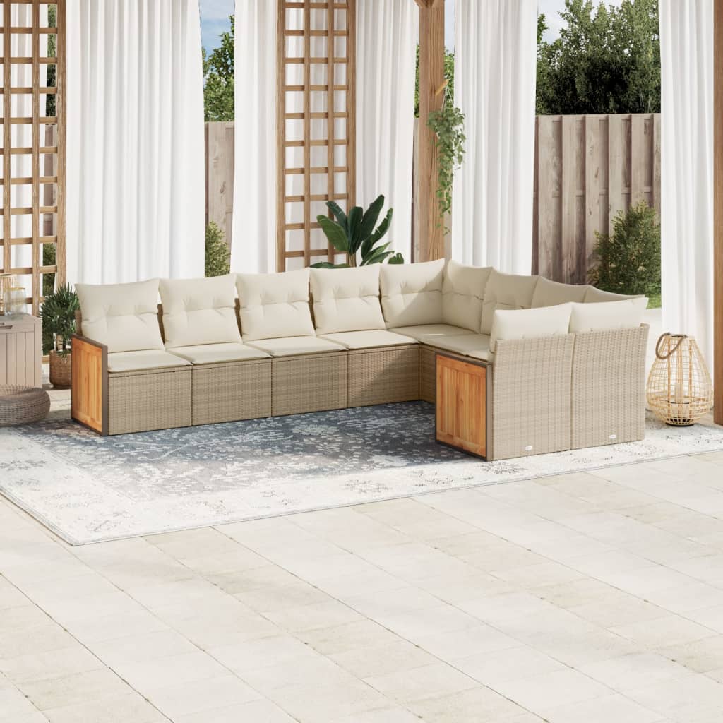 9-delige Loungeset met kussens poly rattan beige – afbeelding 1