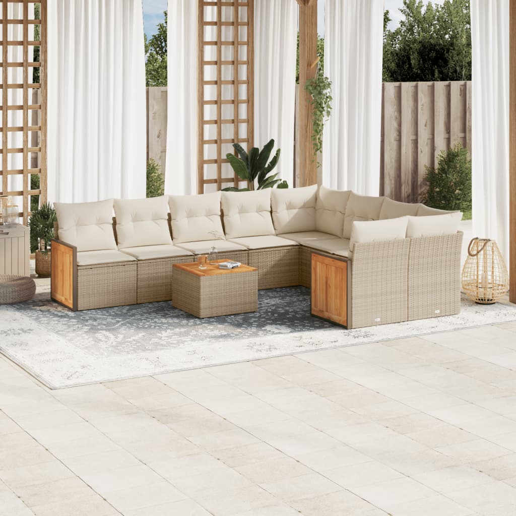 10-delige Loungeset met kussens poly rattan beige – afbeelding 1