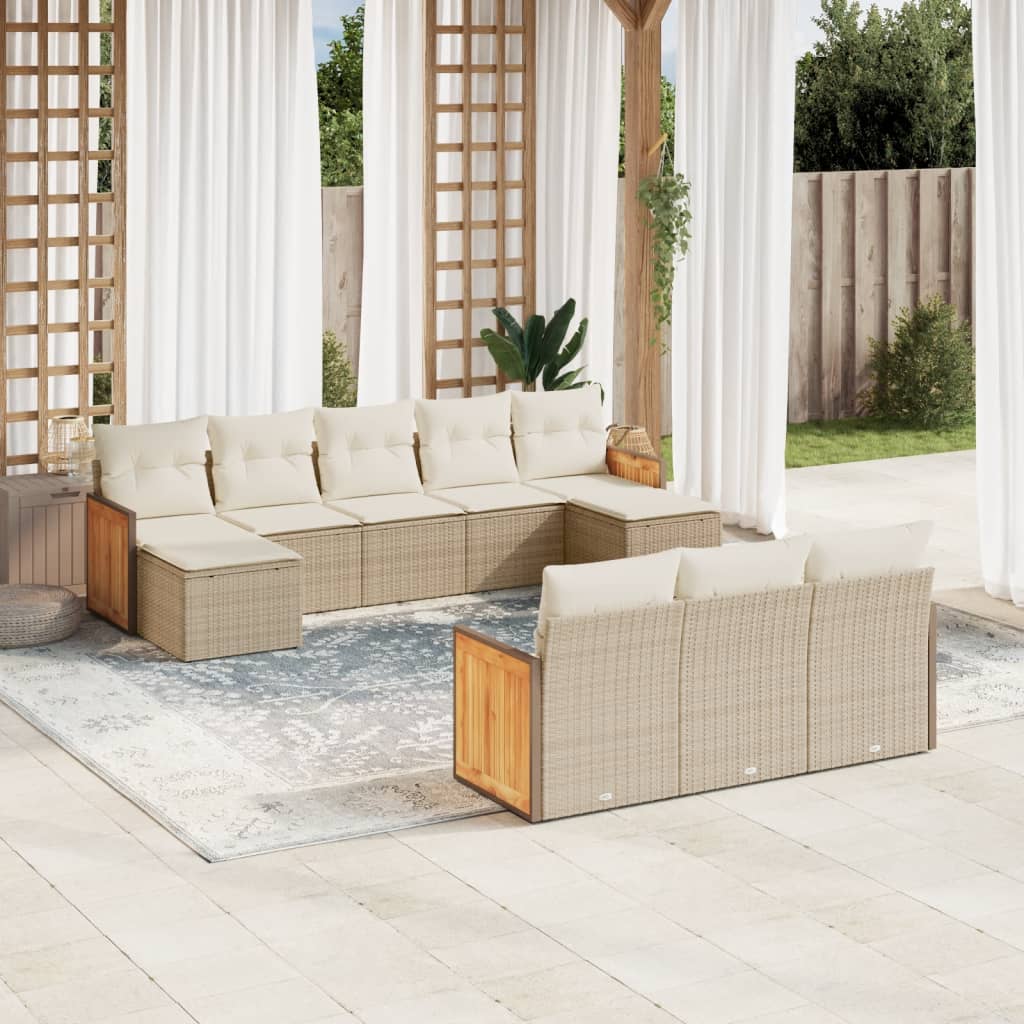 10-delige Loungeset met kussens poly rattan beige – afbeelding 1