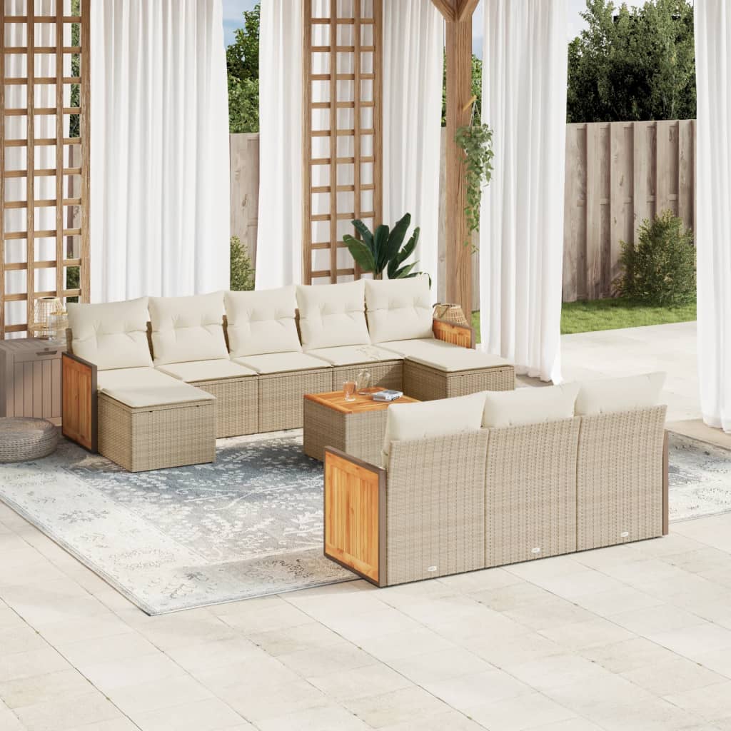 11-delige Tuinset met kussens poly rattan beige – afbeelding 1