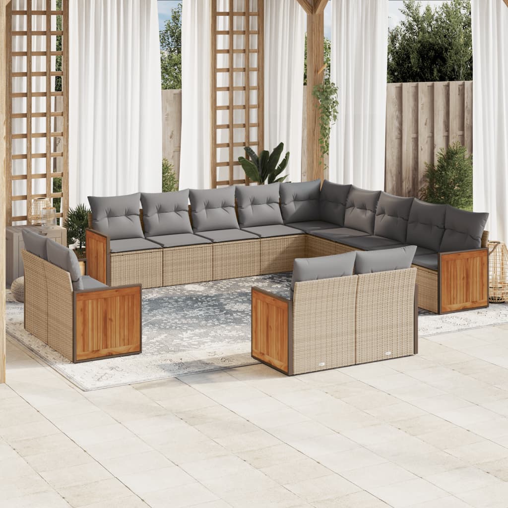 13-delige Loungeset met kussens poly rattan beige – afbeelding 1