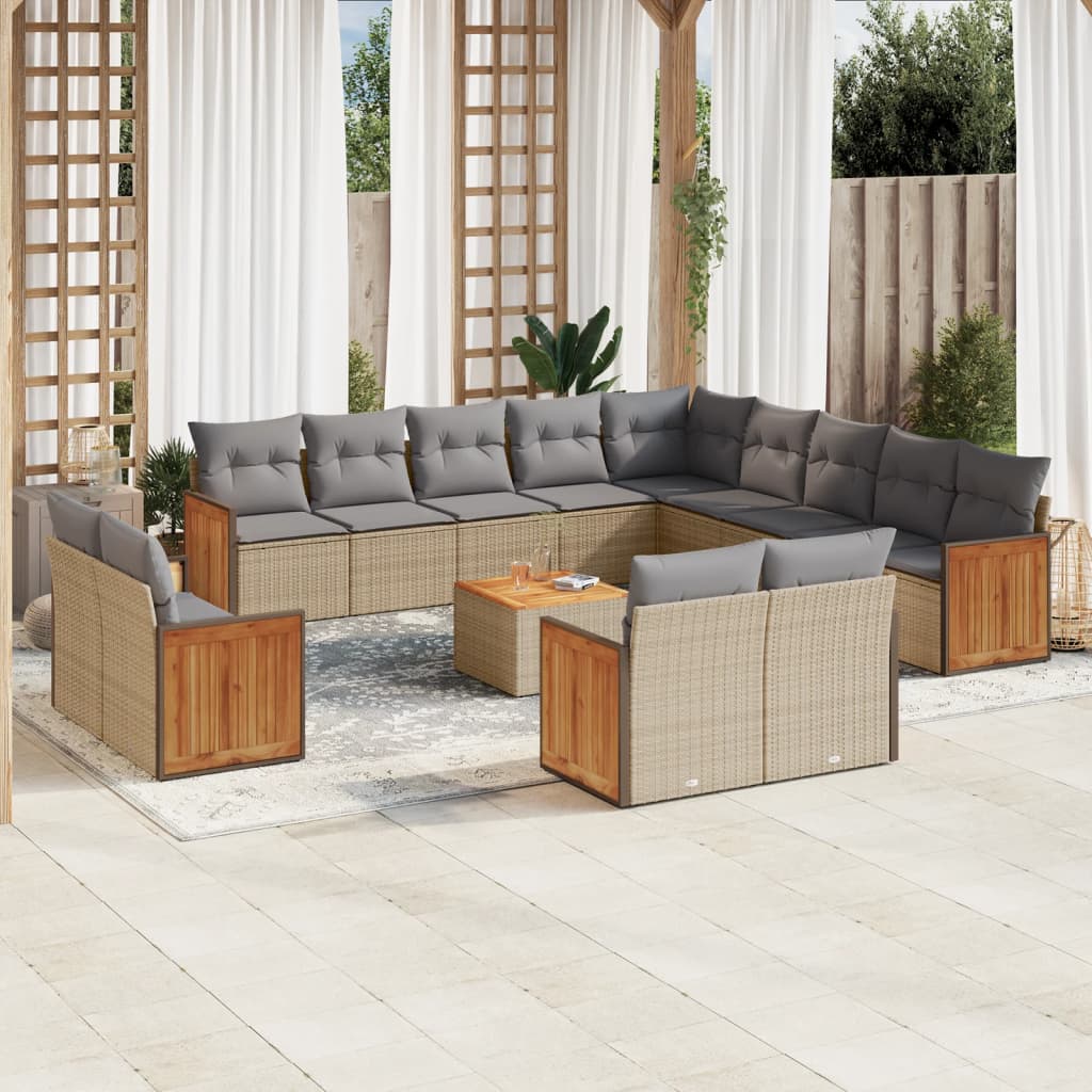 14-delige Loungeset met kussens poly rattan beige – afbeelding 1