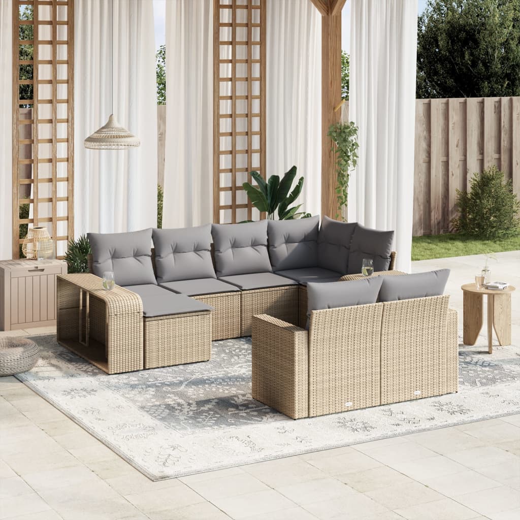 10-delige Loungeset met kussens poly rattan beige – afbeelding 1