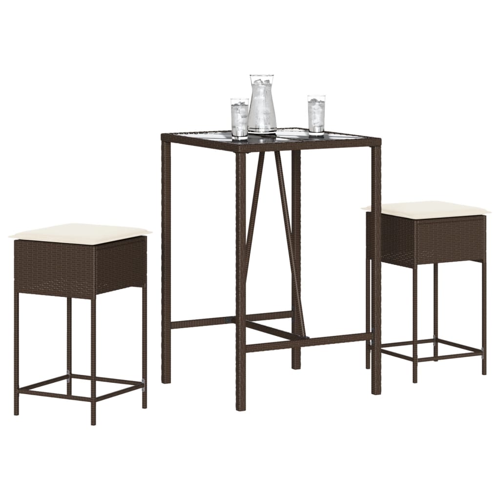 3-delige Tuinbarset met kussens poly rattan bruin – afbeelding 1