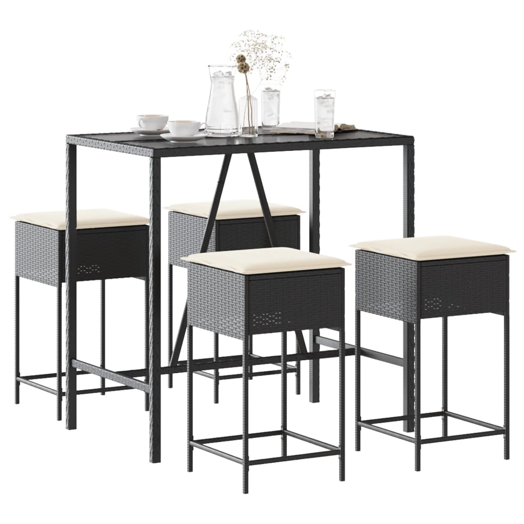 5-delige Tuinbarset met kussens poly rattan zwart – afbeelding 1
