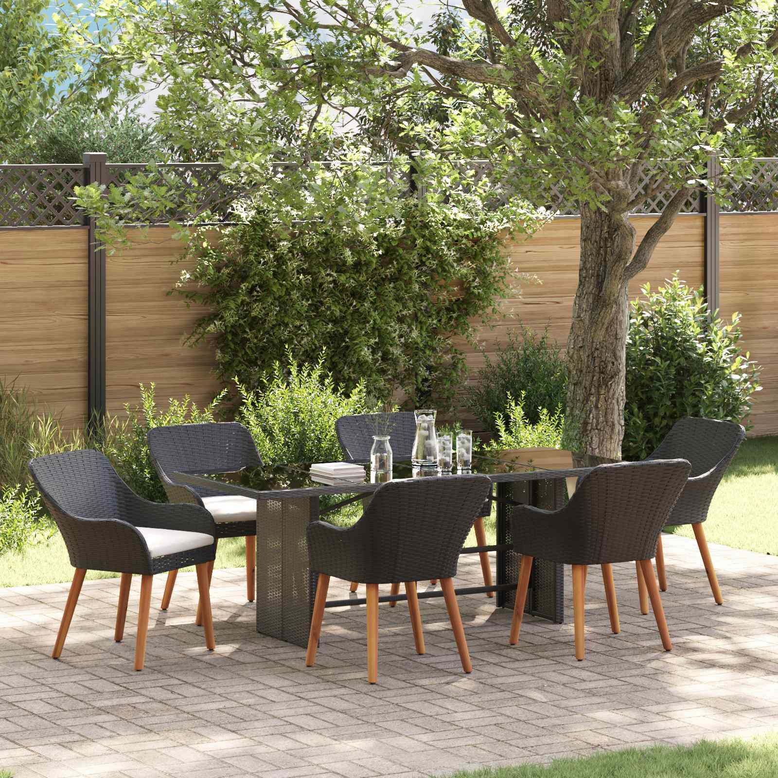 Tuin eettafelset met kussen 7 pcs Zwart poly rattan – afbeelding 1