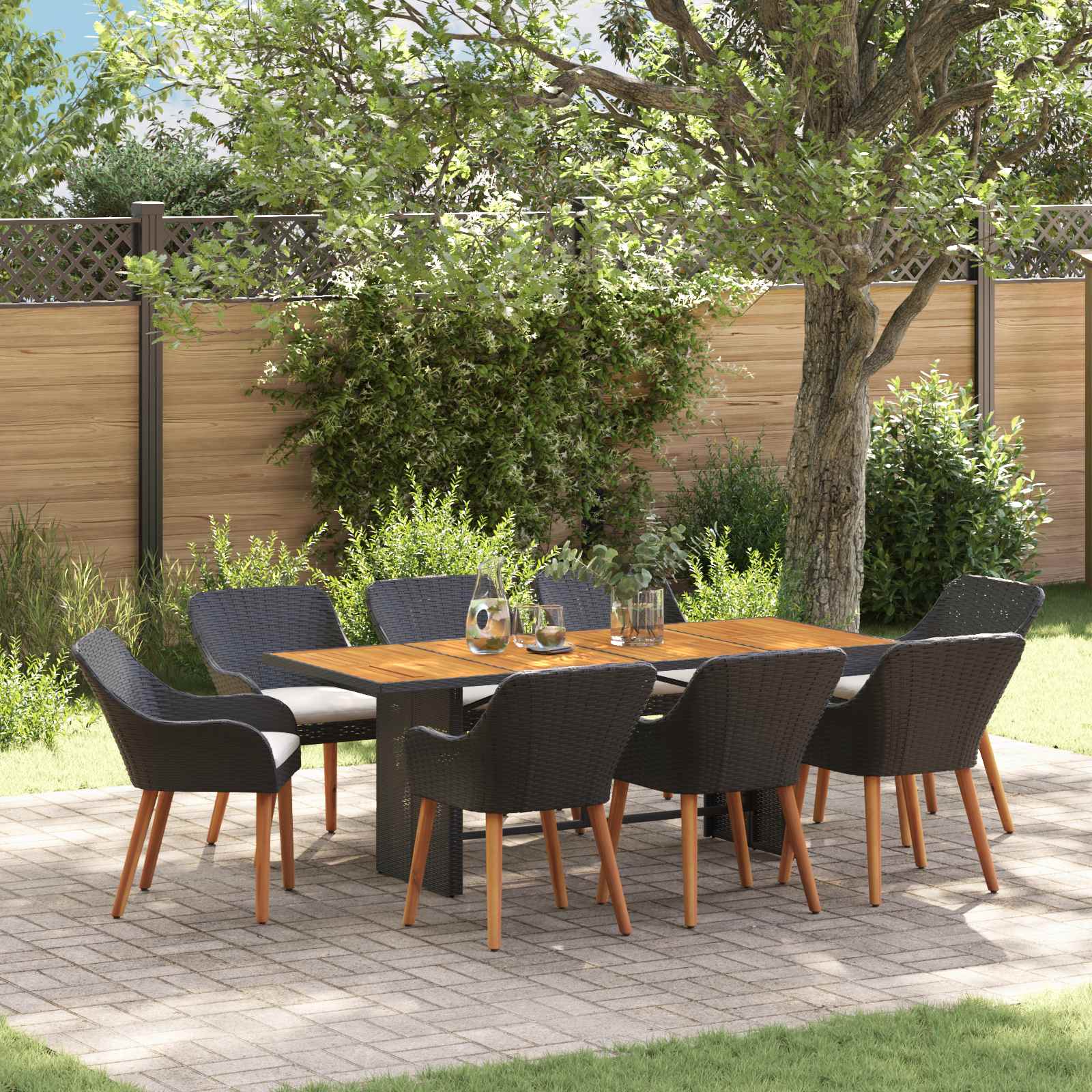 Tuin eettafelset met kussen 9 pcs Zwart poly rattan – afbeelding 1