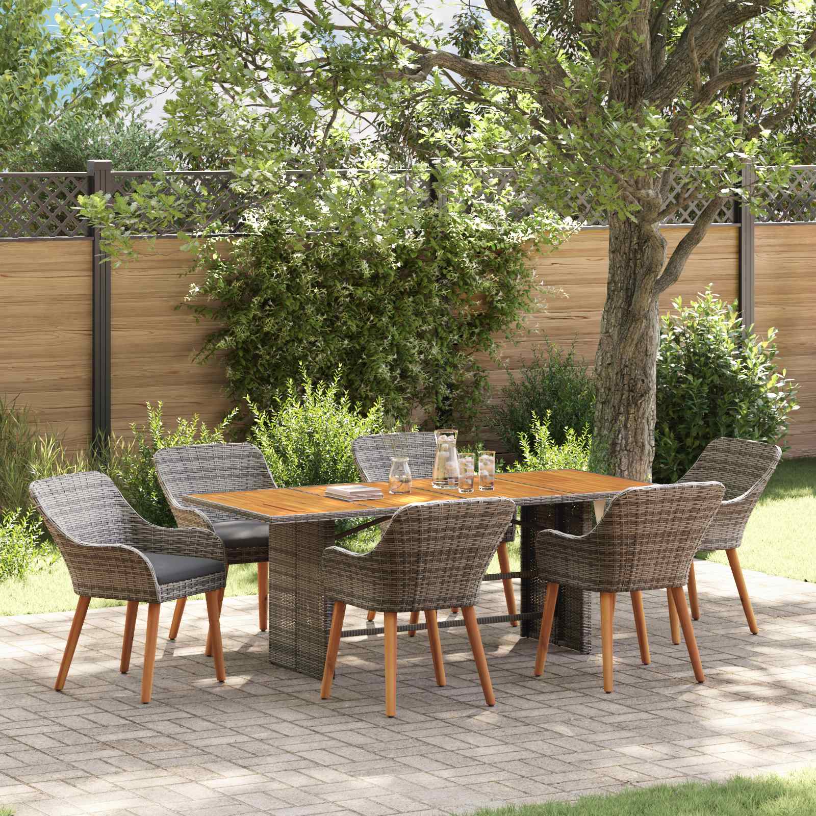 Tuin eettafelset met kussen 7 pcs Grijs poly rattan – afbeelding 1
