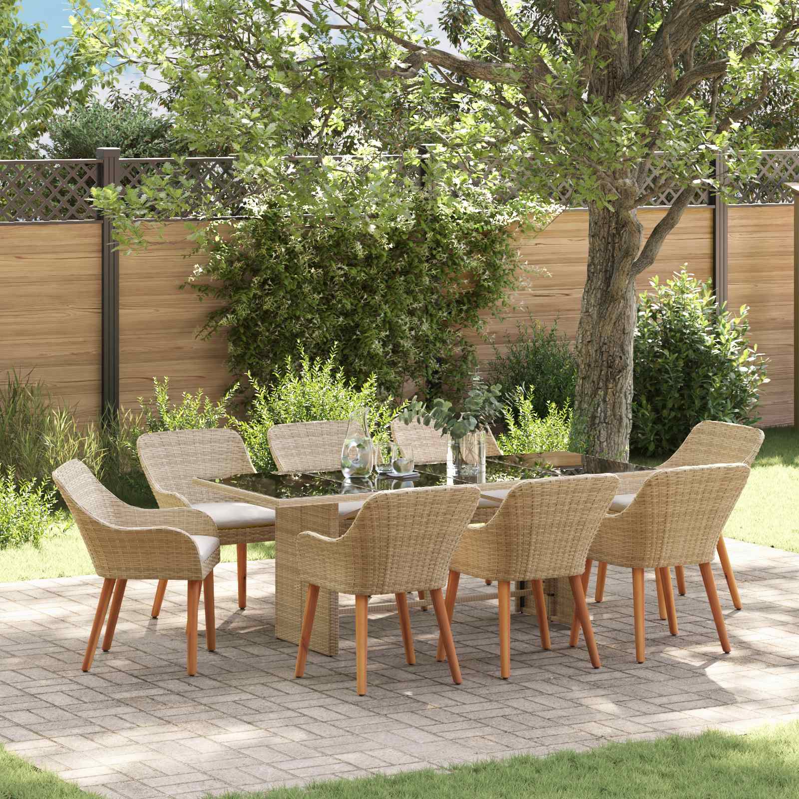 Tuin eettafelset met kussen 9 pcs Beige poly rattan – afbeelding 1