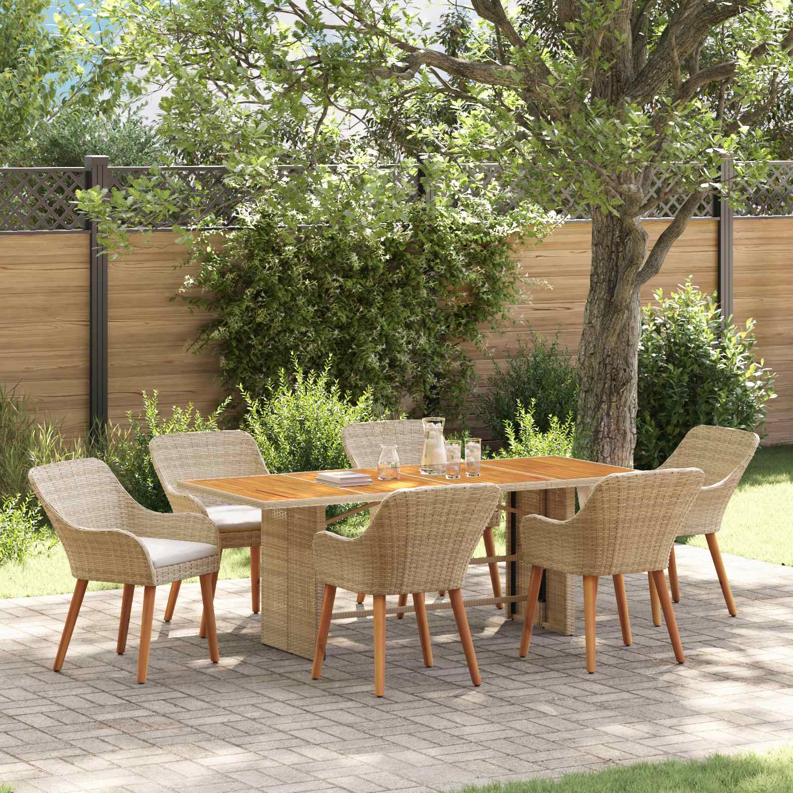 Tuin eettafelset met kussen 7 pcs Beige poly rattan – afbeelding 1