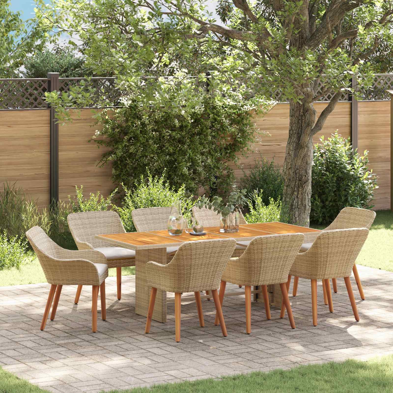 Tuin eettafelset met kussen 9 pcs Beige poly rattan – afbeelding 1