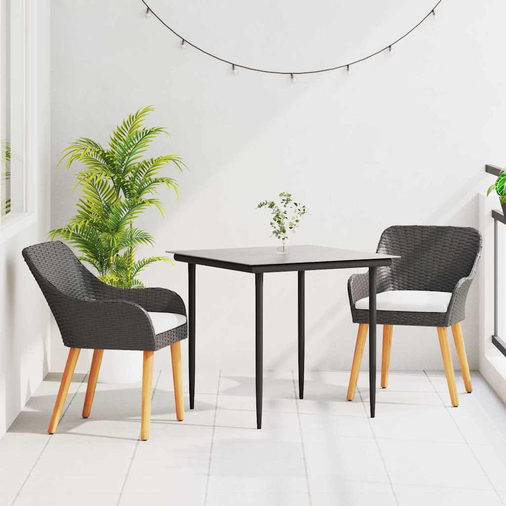 Tuin eettafelset met kussen 3 pcs Zwart poly rattan