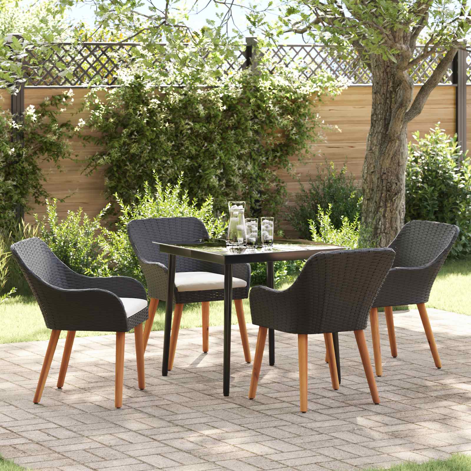 Tuin eettafelset met kussen 5 pcs Zwart poly rattan