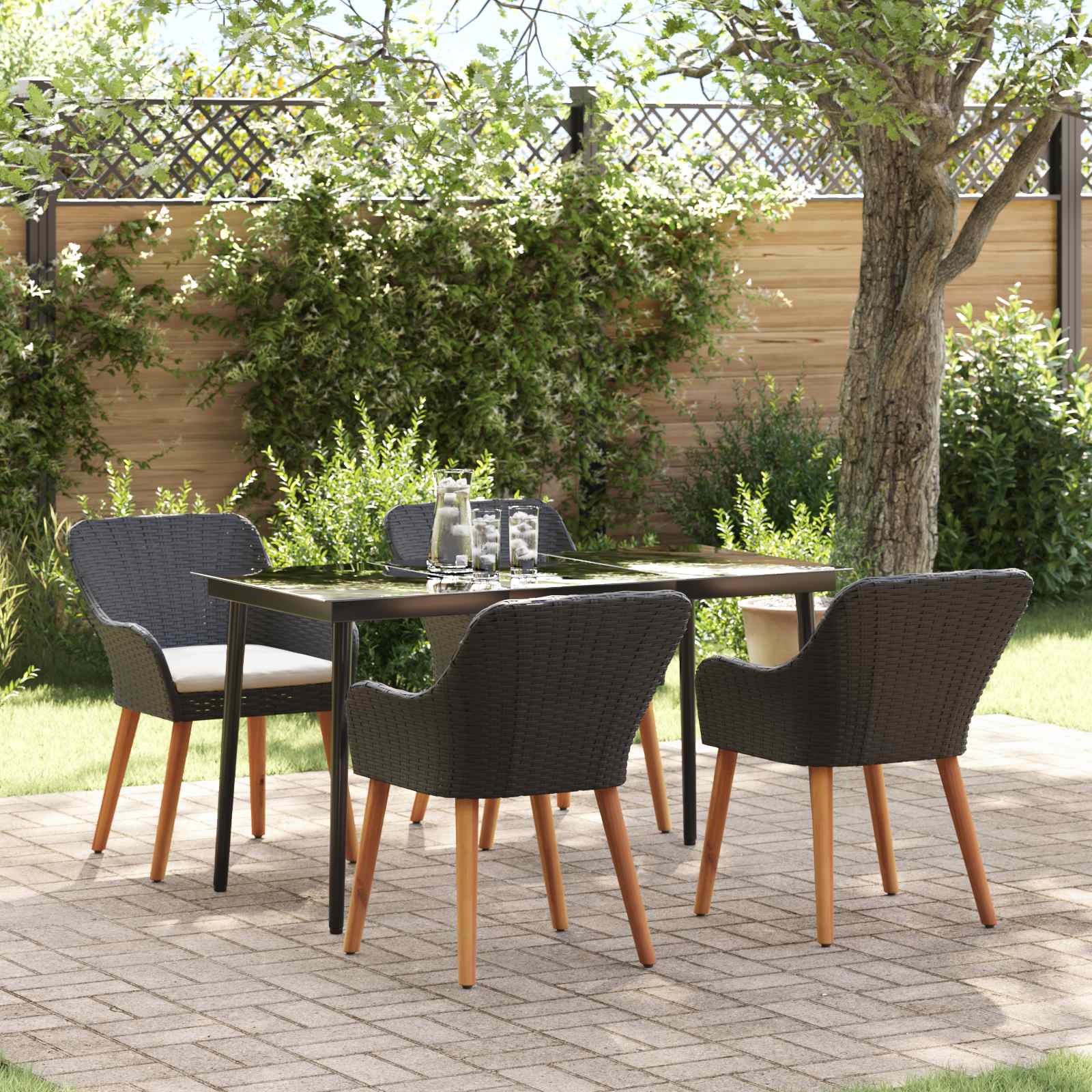 Tuin eettafelset met kussen 5 pcs Zwart poly rattan