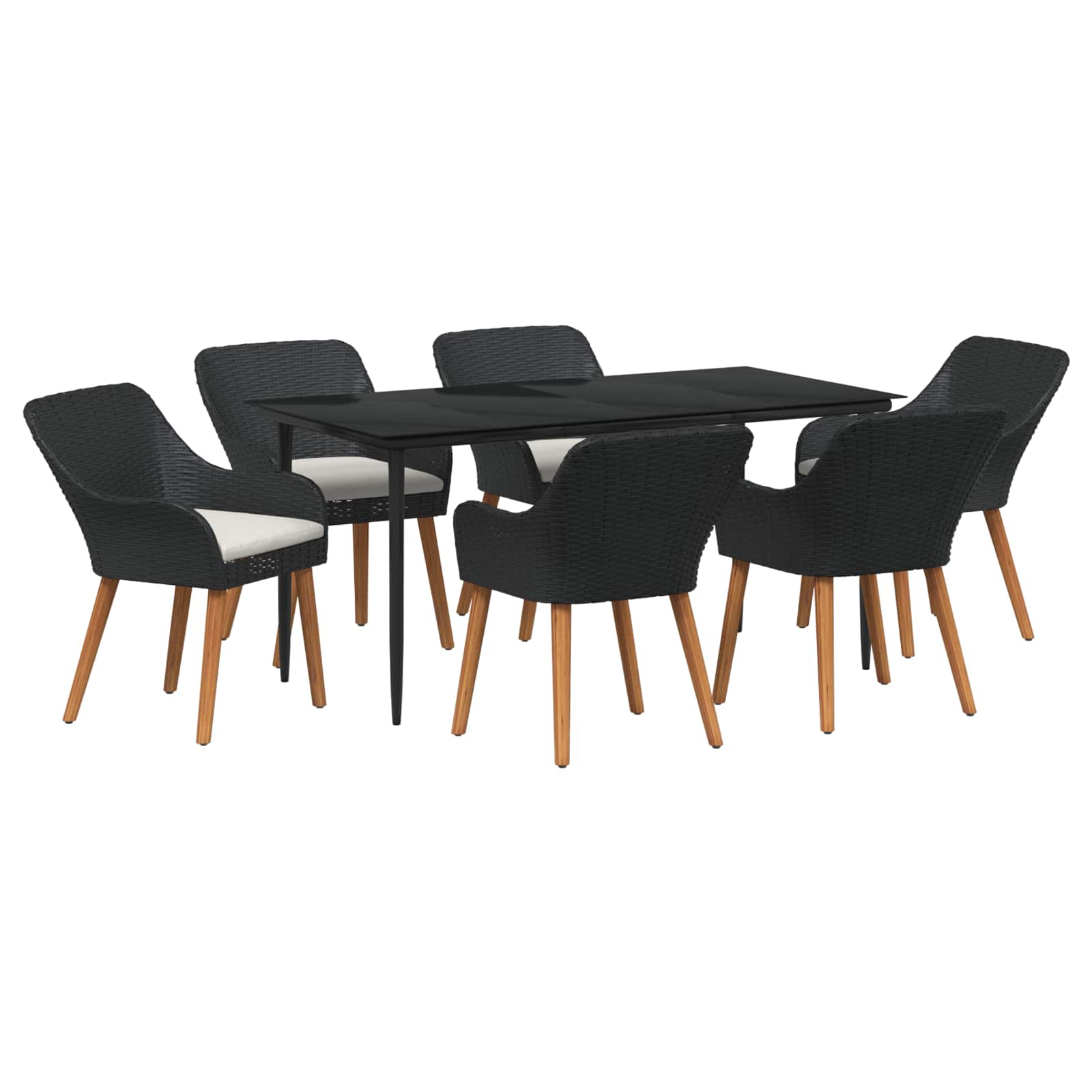 Tuin eettafelset met kussen 7 pcs Zwart poly rattan