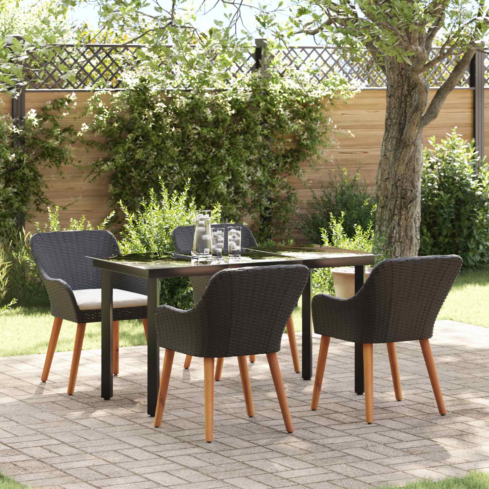 Tuin eettafelset met kussen 5 pcs Zwart poly rattan – afbeelding 1