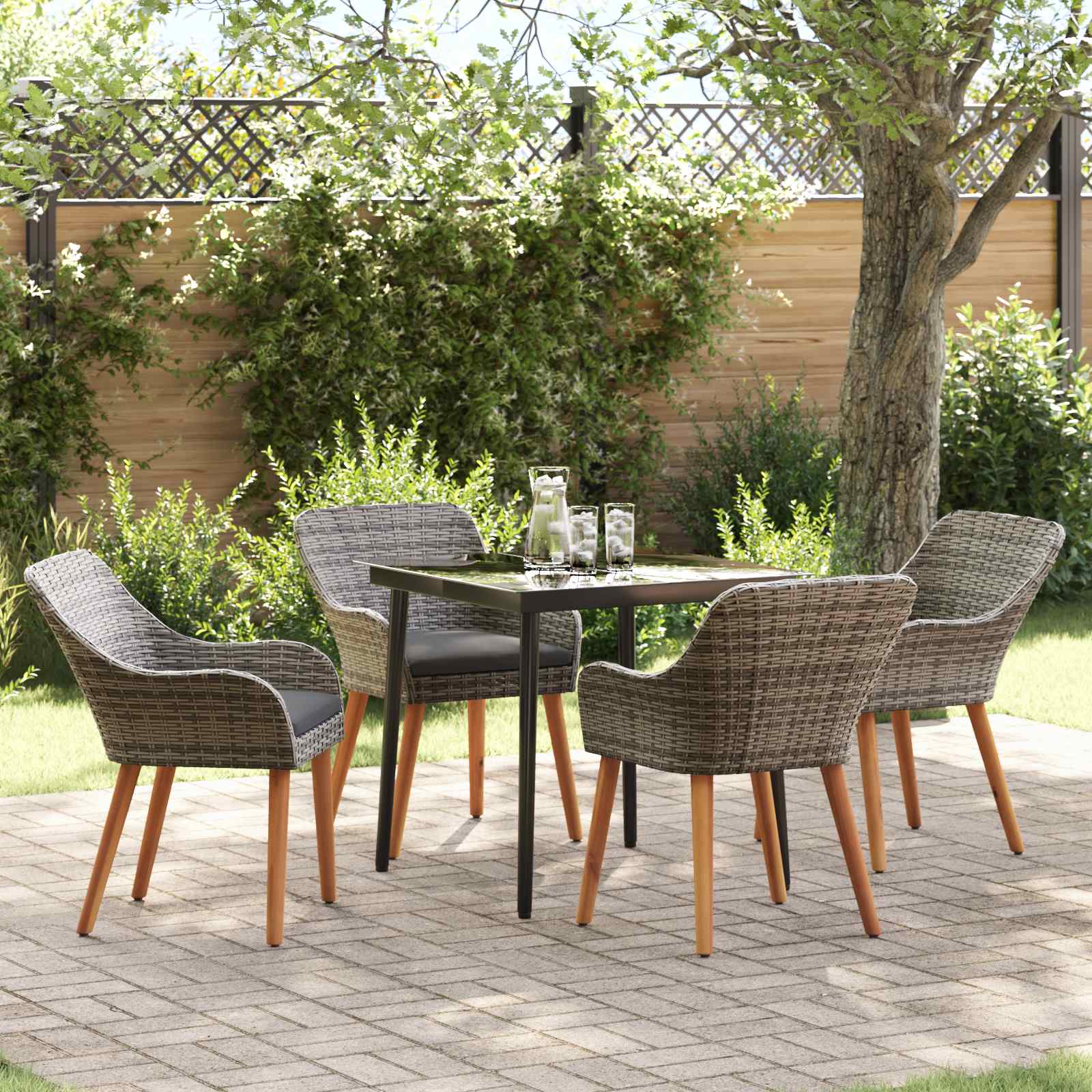 Tuin eettafelset met kussen 5 pcs Grijs poly rattan